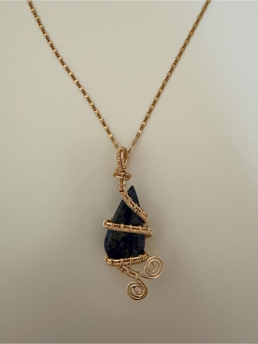 Gold Wire-Wrapped Blue Teardrop Stone Pendant Necklace